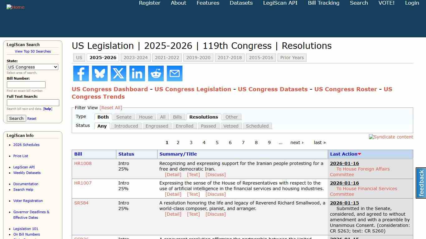US Legislation | 2025-2026 | 119th Congress | Resolutions | LegiScan