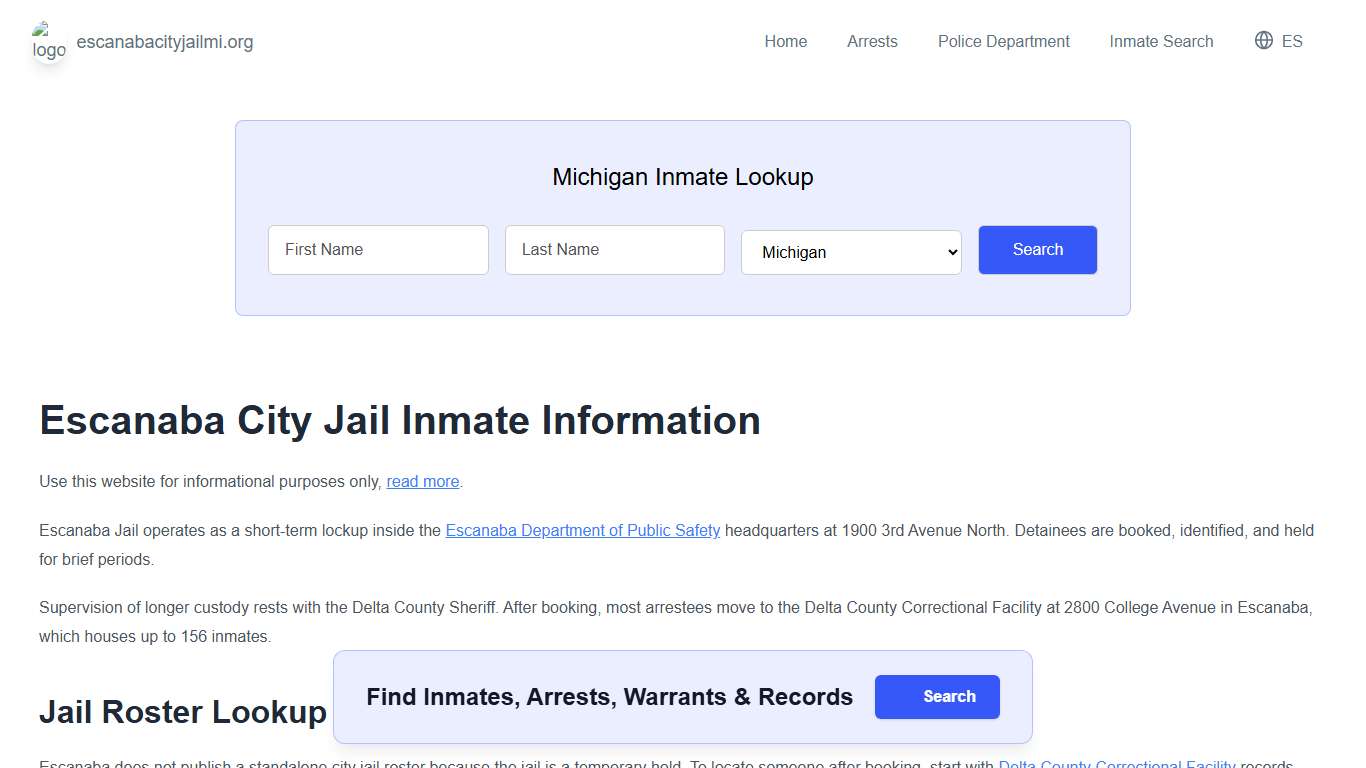 Escanaba Jail, MI Inmate Roster, Municipal Jail Info
