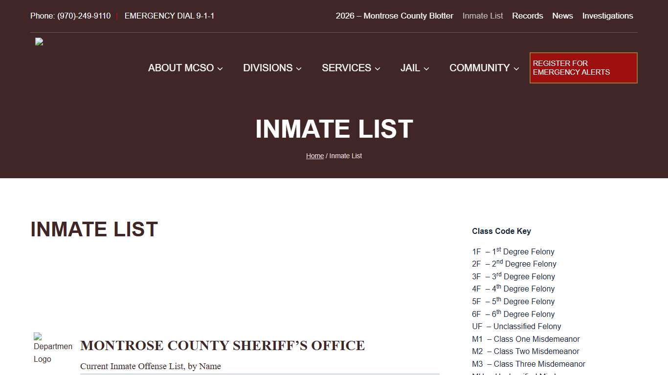 Inmate List | Montrose County Sheriff's Office